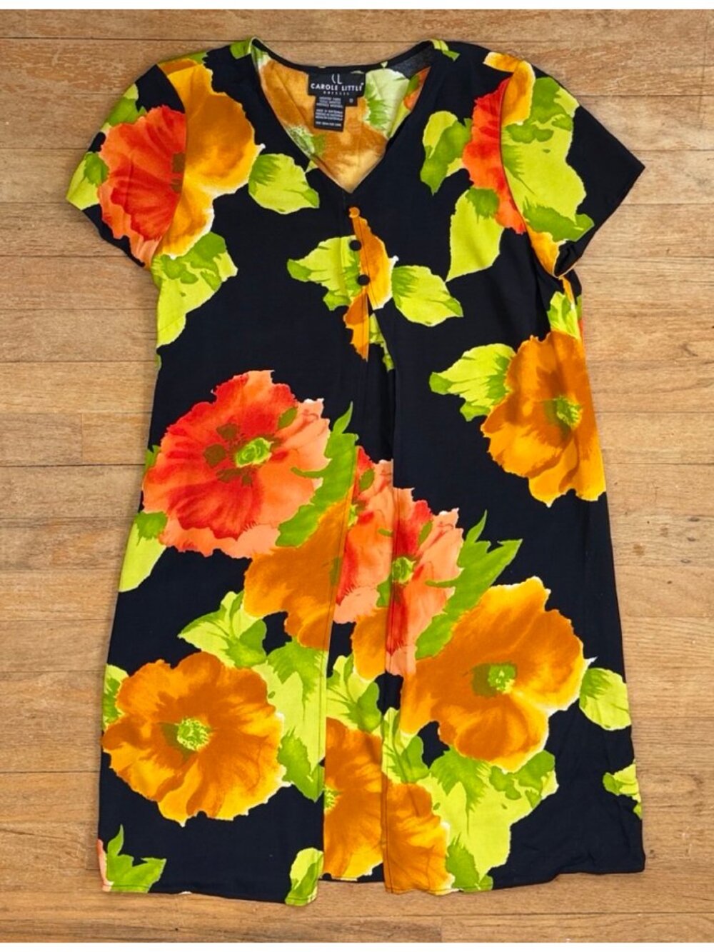 Vintage Carole Little Floral Dress Size Medium 90s Shift Rayon Sundress